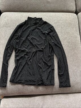 Black Long-Sleeve Mock Neck Top with Silver Dot Pattern